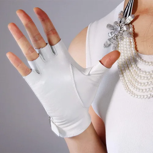 Vista 4 de Guantes cortos de cuero sin dedos para mujer, de piel de oveja auténtica, guantes de conducción de motocicleta finos