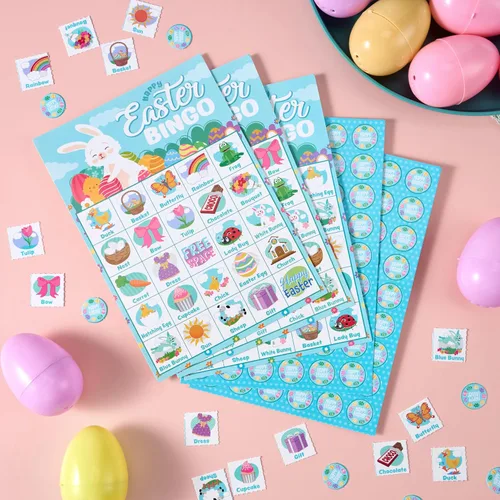Vista 6 de JOYIN Tarjeta de bingo de Pascua para 28 jugadores (5 x 5) con color azul para niños, niñas y adultos, juegos de Pascua, actividades escolares