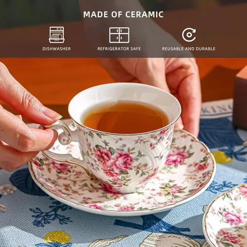 Vista 3 de Agyiuns tazas y platillos de cerámica para café, 6oz, taza de café para café, latte, café moca y té - Juego de 4 (Flores grandes - Juego de 4)