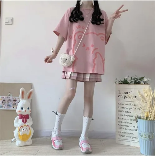 Vista 5 de Tyadorw Camisa Kawaii para mujer, camisas estéticas Harajuku, ropa urbana japonesa Kawaii Bear Graphic camisetas Kawaii de gran