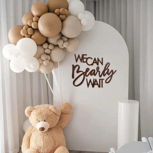 Vista 5 de Letrero "We Can Bearly Wait" para telón de fondo - Pancarta temática de oso de peluche para fiesta de bebé, niño, niña, baby shower, revelación