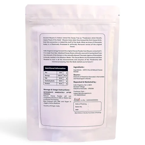 Vista 3 de Indic Organics Cacao en polvo artesanal No alcalinizado, no holandés, sin azúcar, tostado lento y mínimamente procesado De la región de Ghats