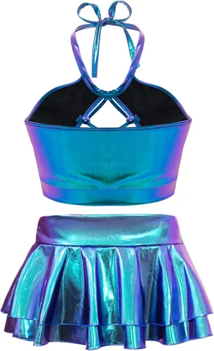 Vista 2 de SFBBCLOZ Conjunto de 2 piezas para mujer con aspecto mojado parte superior corta metálica brillante minifalda para fiesta club festival rave