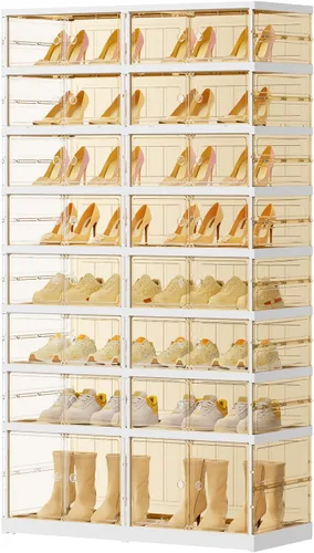 Vista 11 de EHAMILY 3 niveles, 6-12 pares de cajas de zapatos plegables, estante grande de plástico para almacenamiento de zapatos, organizador de zapatos
