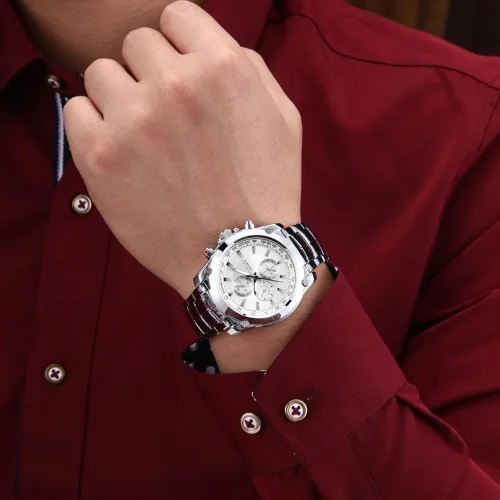 Vista 4 de CURREN Reloj deportivo original de acero inoxidable impermeable para hombre 8025 plateado y blanco, Moderno