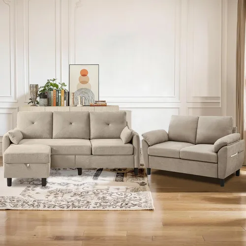 Vista 12 de Juego de sofá seccional, sofá convertible de 77 pulgadas y silla decorativa de 35 pulgadas, sofá pequeño en forma de L de 3 asientos con otomana