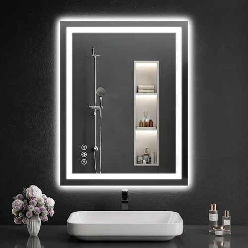 Vista 27 de Espejo de baño LED de 30 x 48 pulgadas con luces, regulable, antivaho, espejo de tocador de baño para pared, retroiluminado + luz frontal, función