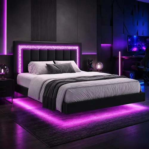 Vista 11 de HOMBCK Base de cama flotante individual con luces LED inteligentes, cama de plataforma tapizada de piel sintética con cabecera de diamante, no Negro