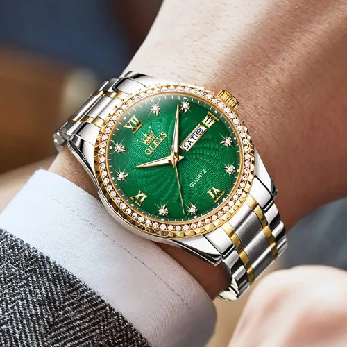 Vista 2 de OLEVS Men's Luxury Stainless Steel Watches, Big Face Gold Men Quartz Analog Watches Fashion 30M Waterproof Casual Wrist Watch with Day Date Diamond