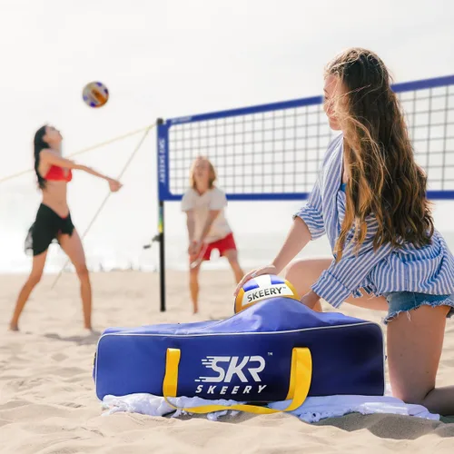 Vista 8 de SKEERY Juego de red de voleibol resistente al aire libre, diseño anti-hundimiento, postes de aluminio ajustables, red de voleibol portátil para Azul