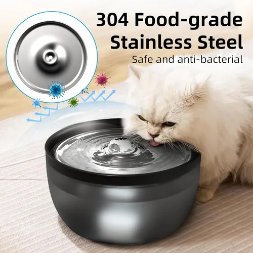 Vista 3 de Casfuy W8 - Fuente de agua silenciosa de acero inoxidable para perros y gatos con luz LED, color negro, 102 onzas