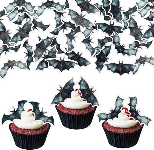 Vista 14 de Gyufise 24 adornos para cupcakes de Halloween con calabaza, fantasma, purpurina negra, decoraciones para cupcakes para niños, decoración de fiesta