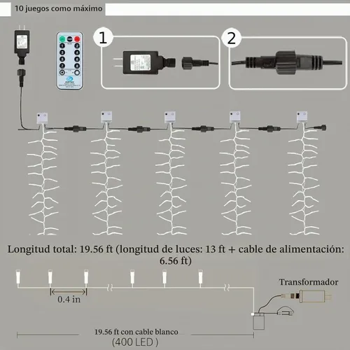 Vista 3 de Guirnalda de 400 luces LED en racimo – 19.56 pies de luces impermeables multicolor para exteriores, tira de luces enchufables para interiores