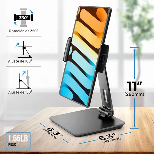 Vista 5 de ROADOM Soporte para tableta, soporte giratorio ajustable de 360°, abrazadera inclinable de 180°, soporte plegable para tableta de 4.7-17.3 pulgadas