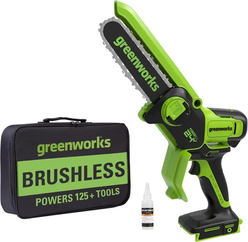 Vista 16 de Greenworks Mini motosierra sin escobillas de 24 V y 4 pies (engrasador automático, tensión sin herramientas, ultraligera), batería y cargador