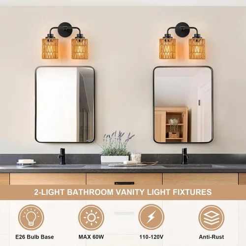 Vista 2 de Lámparas de baño bohemias, luces rústicas de tocador de 2 luces sobre el espejo, iluminación de ratán de granja con persianas tejidas a mano