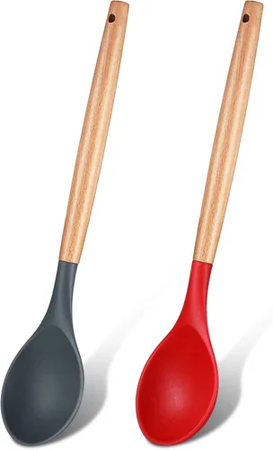 Vista 8 de Patelai 2 cucharas de silicona antiadherentes para mezclar de cocina, cucharas de servir con mango de madera, resistentes al calor, cucharas de Verde