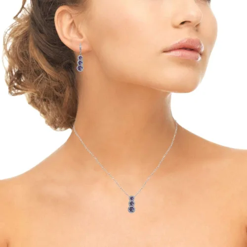 Vista 3 de Juego de collar y aretes de 3 piedras preciosas genuinas o sintéticas de plata esterlina para mujer
