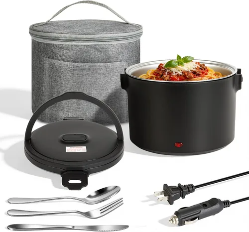 Vista 9 de Lonchera eléctrica, calentador de alimentos portátil para automóvil, camión, oficina, adaptador de 12 V, 24 V, 110 V, a prueba de fugas, recipiente