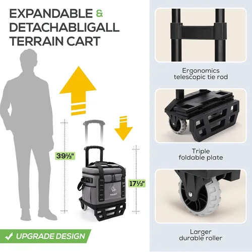 Vista 3 de TOURIT Hielera Portátil Plegable Rodante Suave para 50 Latas con Espacio de 29L y Carrito Todoterreno Reforzado con Ruedas para Transporte Fácil
