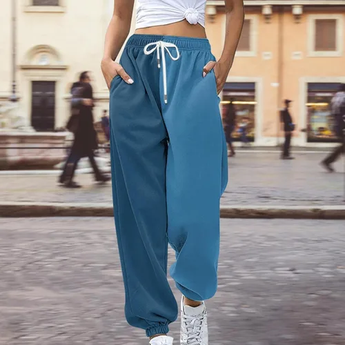 Vista 3 de FABFEGU Pantalones de chándal para mujer, con bloques de color, trabajo, negocios, casual, cintura alta, pantalones de vestir, pantalones fluidos