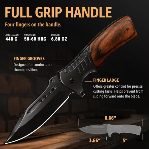 Vista 3 de Cuchillo de bolsillo para hombres con mango de madera, rompedor de vidrio y clip de bolsillo, hoja afilada de 3.66 pulgadas, cuchillos plegables