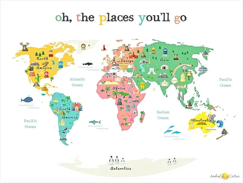 Vista 10 de Mapa del mundo para niños (11 x 14) verde – Mapa educativo del mundo para niños con animales y lugares de interés, decoración de pared de guardería