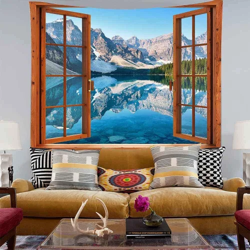 Vista 6 de Aidatain Tapiz de ventana de montaña, lago, bosque, escena, paisaje natural, para colgar en la pared, tapices grandes de franela de 84 x 90