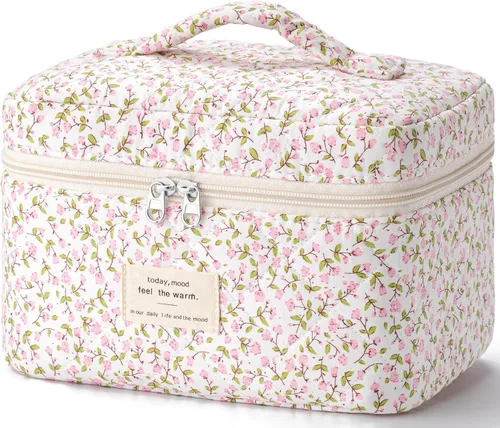 Vista 30 de HBselect Bolsa de Maquillaje Acolchada, Bolsa de Maquillaje Grande de Algodón para Viaje, Lindas Bolsas de Maquillaje con Flores Coquette, Bolsas