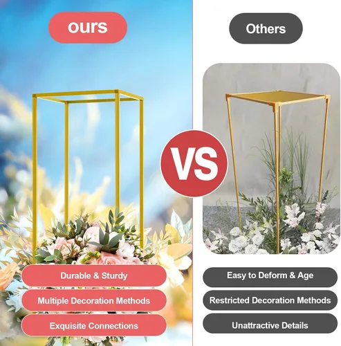 Vista 7 de 10 soportes de metal para centros de mesa de boda, jarrones de columna, soporte de flores de boda, soporte rectangular geométrico dorado