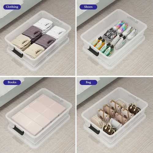 Vista 6 de Paquete de 3 contenedores de almacenamiento de plástico transparente debajo de la cama con tapas y ruedas, contenedores de almacenamiento de zapatos
