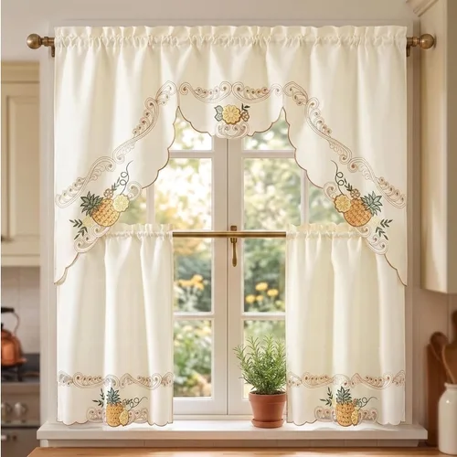 Vista 11 de YHSF Set de cortinas de cocina de 3 piezas con cenefa - Juego de cortinas de ventana de 2 niveles y cenefa con diseño de bolsillo para barra