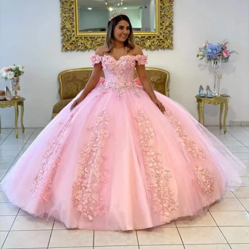 Vista 2 de Loyeloy Vestidos de quinceañera con hombros descubiertos para niñas, vestidos de fiesta hinchados con flores 3D para adolescentes, vestidos