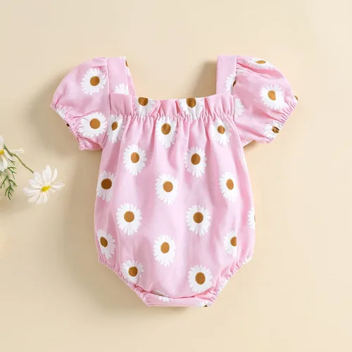 Vista 5 de Enterizo de verano de algodón para bebé recién nacida con estampado floral cuello cuadrado manga corta