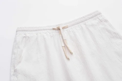 Vista 3 de SIR7 - Pantalones cortos de lino para hombre, corte clásico, cintura elástica con cordón de ajuste, 11.0in