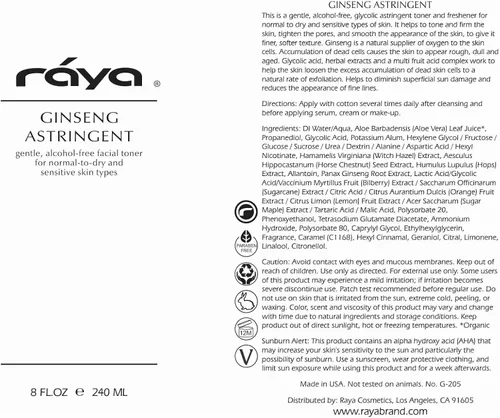 Vista 8 de RAYA Ginseng Astringent con AHA 16 oz (G-205) Tónico facial glicólico suave para piel seca y sensible Ayuda a apretar los poros, suavizar la tez