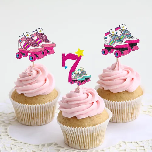 Vista 5 de 18 piezas de decoración para cupcakes de patinaje sobre ruedas para cumpleaños de 7 años, decoración de cupcakes para niñas, patinaje sobre ruedas