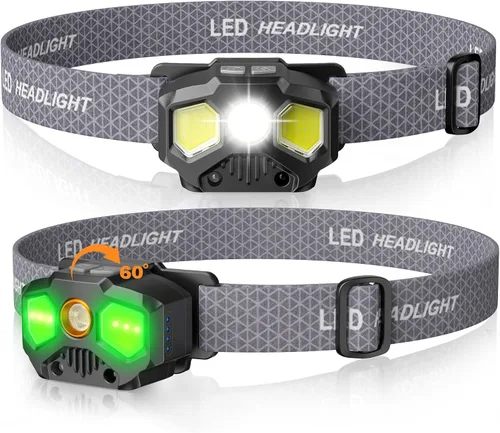Vista 7 de HOKOILN Linterna frontal recargable de 1400 lúmenes, lámpara LED roja verde blanca para caza y pesca, faro con sensor de movimiento con 14 modos
