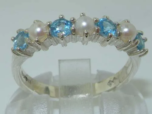 Vista 3 de Anillo de eternidad de plata de ley 925 con perla cultivada y topacio azul para mujer