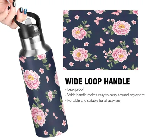 Vista 4 de Pink Peonies Botella de agua aislada de 20 onzas, botella de agua deportiva sin BPA con popote a prueba de fugas