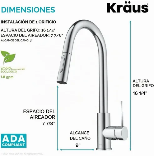 Vista 5 de Kraus Oletto - Grifo de cocina contemporáneo con un solo mango extraíble en cromado, KPF-3104CH Cromo