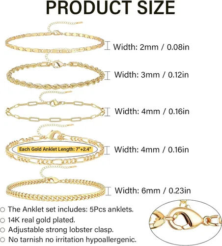 Vista 2 de KesaPlan Pulsera de moda para mujer, chapado en oro real de 14 quilates, delicado eslabón cubano con clip de cuerda, paquete de pulseras para niñas