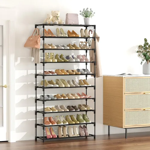 Vista 2 de LANTEFUL Zapatero de 10 niveles, 50 pares, organizador de zapatos alto de gran capacidad, almacenamiento de zapatos resistente con dos ganchos