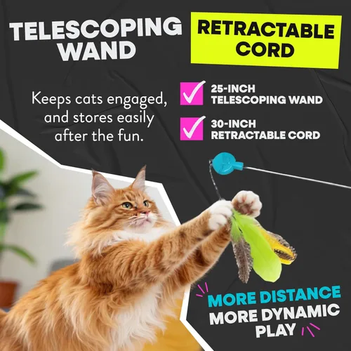 Vista 3 de Jackson Galaxy Gotcha! Juguete de varita para gatos, juguete retráctil para juegos atractivos, varita telescópica con plumas naturales para gatos