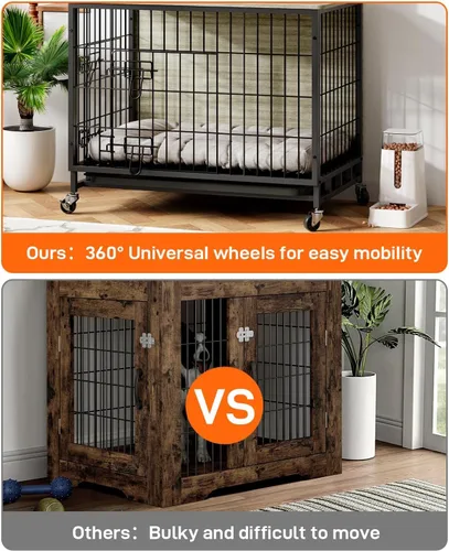Vista 7 de Mueble de jaula para perros de 38.6 pulgadas, perrera de interior con puertas dobles, ruedas y bandeja extraíble, mesa auxiliar moderna para perros