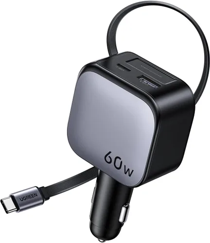 Vista 9 de UGREEN Cargador de coche 2C1A de 60 W con cable retráctil, cargador rápido de 3 puertos con 30 W PD USB-C, USB-A, adaptador de encendedor