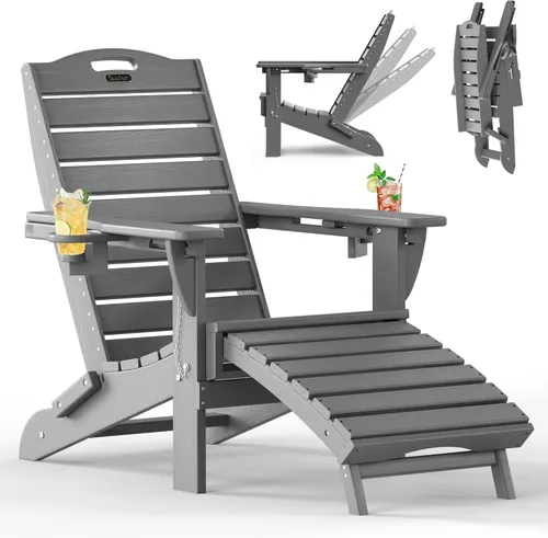 Vista 27 de Sillas Adirondack ajustables con otomana retráctil, silla Adirondack plegable de HDPE con 2 soportes para tazas, resistente a la intemperie
