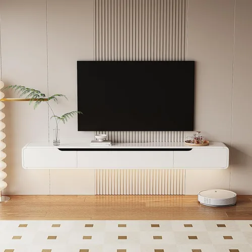 Vista 11 de FurniNova Soporte de TV flotante de alto brillo con 3 puertas, mueble de TV de 47'' montado en pared, consola bajo TV, estante de medios flotante
