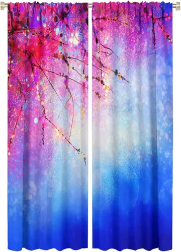 Vista 17 de Cortinas opacas con diseño floral de galaxia azul abstracta para dormitorio, cortinas de ventana de teñido anudado con diseño de flor de cerezo