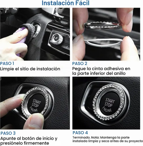 Vista 4 de 2 piezas brillantes para el botón de arranque del motor del automóvil, anillo de botón de arranque y parada de cristal con diamantes de imitación